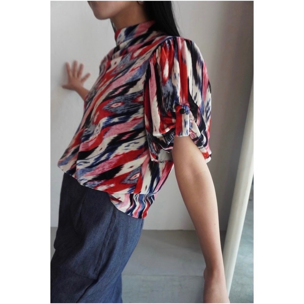Isabel Marant Etoile Top Womens EU 38 US 6 Red Ikat Velvet Mock Neck Puff Sleeve